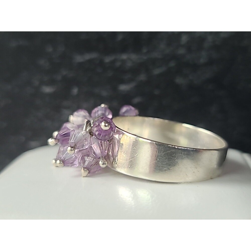 950 Silver Purple Plastic Beaded Cha Cha Ring Vintage, SIZE US 10